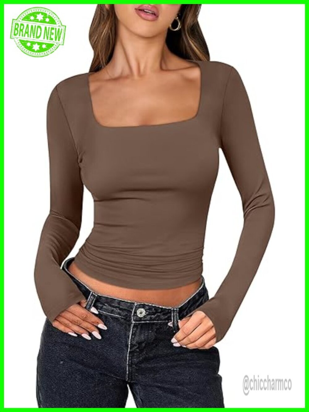 Long Sleeve Crop Top Square Neck Slim Fit Going Out Tee
